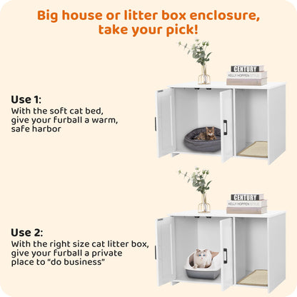 Dwanton Litter Box Enclosure, Cat Litter Box Furniture Hidden, with Scratching Mat, Wooden Cat Washroom Indoor, Fit Most of Litter Box, 31.5" L x 19.7" W x 21.7" H, White