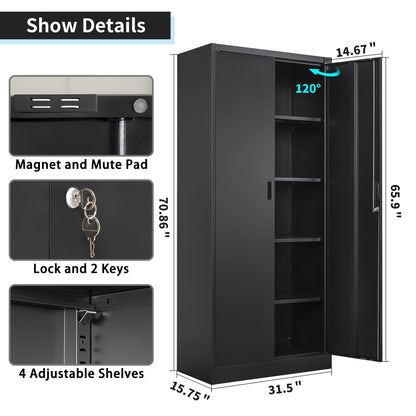 Wanfu Metal Storage Cabinet with Locking Doors and Adjustable Shelves, 71” Tall Steel Storage Cabinets for Garage, Home Office, Pantry(Black) - WoodArtSupply