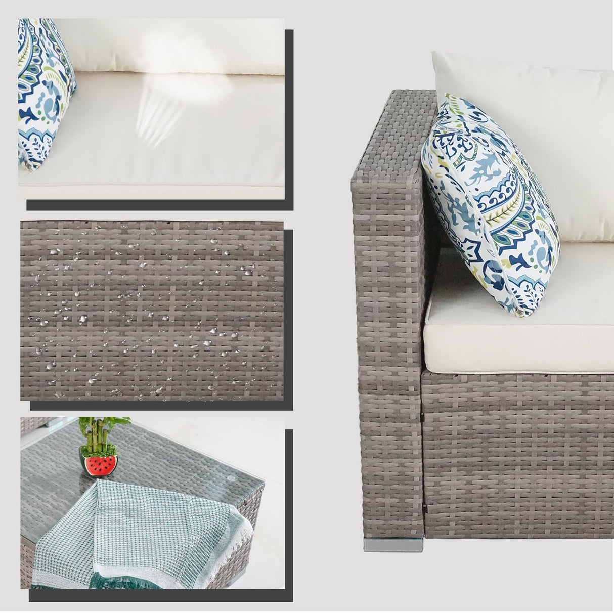 7 Pieces Outdoor Wicker Rattan Patio Furniture Sectional Set, Outdoor Furniture Sectional Sofa with Soft Cushion and Tempered Glass Table for Garden, Backyard, Balcony, Poolside, Grey and Beige BRRYIN