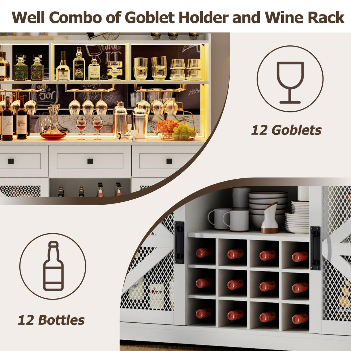 Gyfimoie Farmhouse Wine Bar Cabinet with LED Lights, Kitchen Coffee Bar Cabinet with Acrylic Mirror, Wine & Glass Rack, Storage Shelves and 3 Drawers (2-Tier Hutch) Gyfimoie