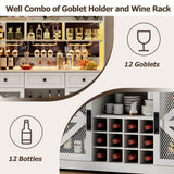 Gyfimoie Farmhouse Wine Bar Cabinet with LED Lights, Kitchen Coffee Bar Cabinet with Acrylic Mirror, Wine & Glass Rack, Storage Shelves and 3 Drawers (2-Tier Hutch) Gyfimoie