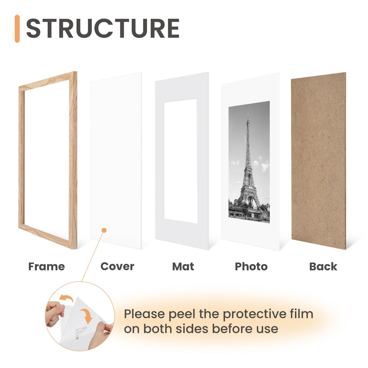 upsimples 11x14 Picture Frame Set of 5, Display Pictures 8x10 with Mat or 11x14 Without Mat, Wall Gallery Photo Frames, Natural upsimples