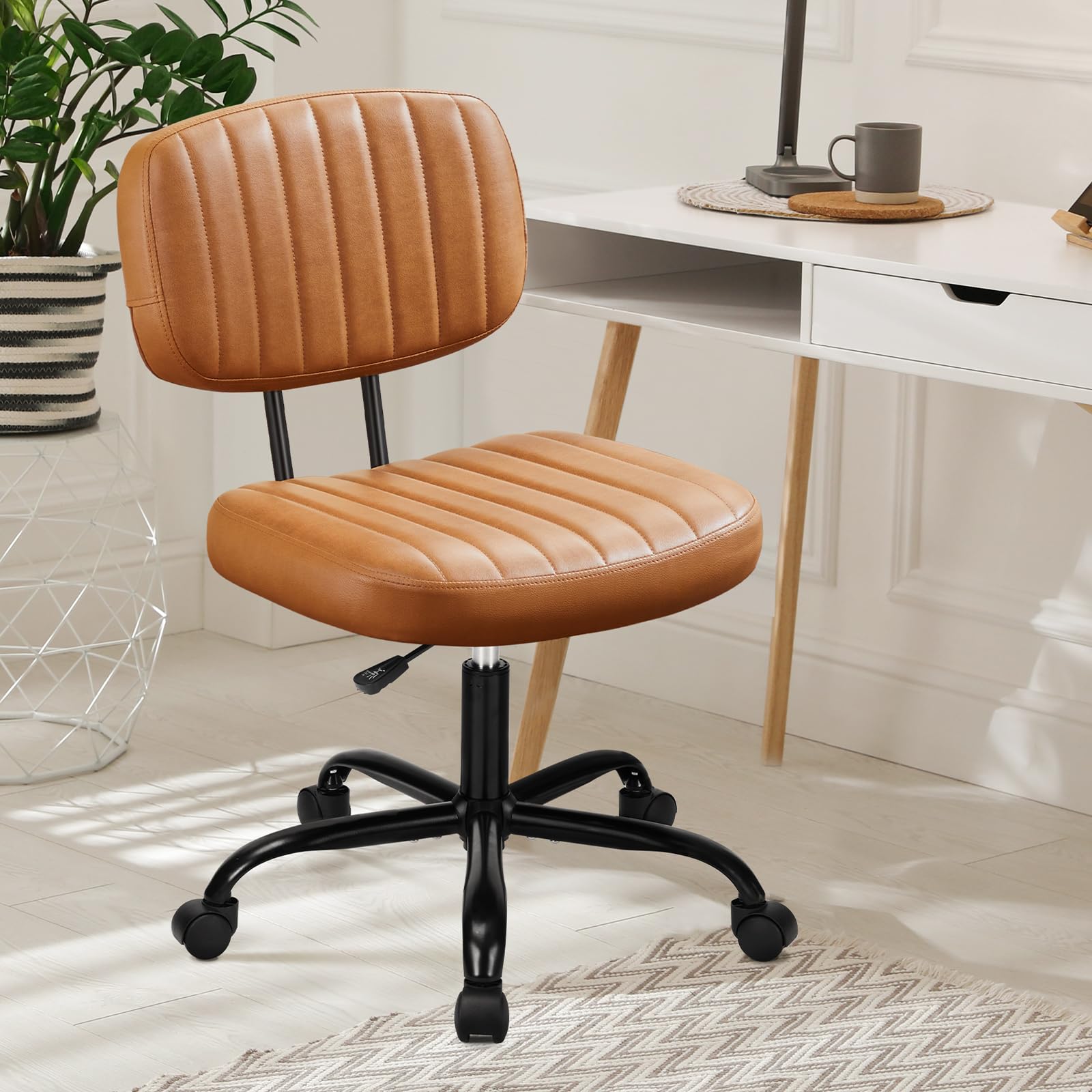 Armless Home Office Desk Chair -Small Ergonomic with Low Back Lumbar Support, Height Adjustable PU Leather Computer Task with 360° Swivel Rolling Wheels, for Small Space, Brown - WoodArtSupply