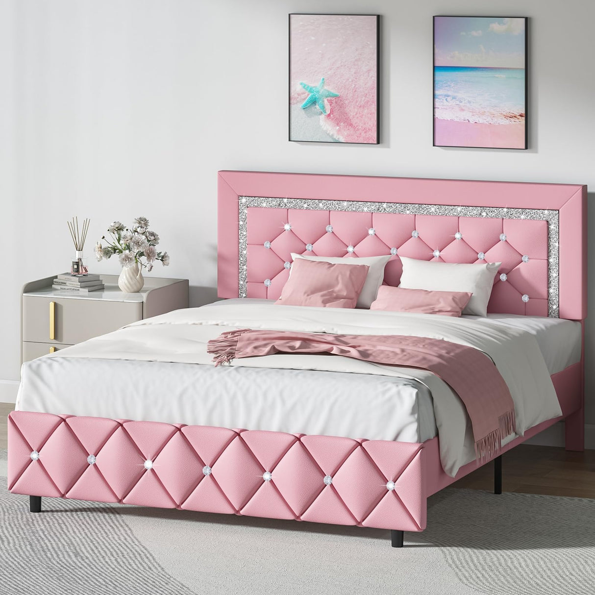 HOMBCK Full Size Bed Frame, Upholstered Pink Bed Frame Full Size with Diamond Tufted Headboard, Faux Leather Headboard & Footboard, Wooden Slats Support, No Box Spring Needed, Easy Assembly, Pink HOMBCK