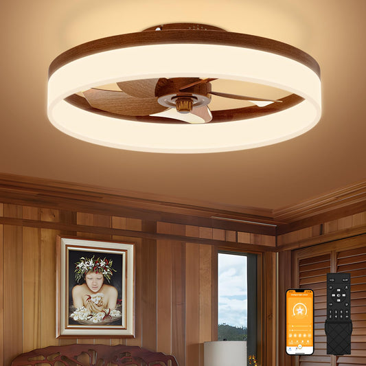 VOLISUN Farmhouse Ceiling Fans with Lights and Remote, 19.7in Low Profile Ceiling Fan Flush Mount, 3000K-6500K Dimmable Bladeless LED Fan Light, Fandelier Ceiling Fans with Lights for Bedroom(Walnut)