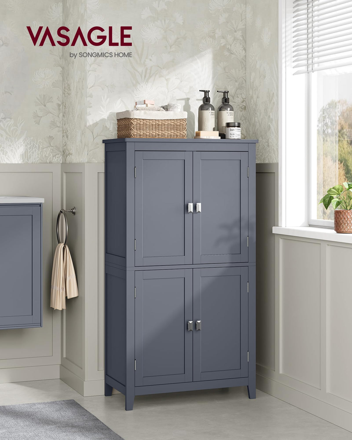 VASAGLE Bathroom Floor Storage Cabinet, Bathroom Storage Unit, Freestanding Cabinet with 4 Doors, Adjustable Shelves, 11.8 x 23.6 x 43.3 Inches, Slate Gray UBBC552G01 VASAGLE
