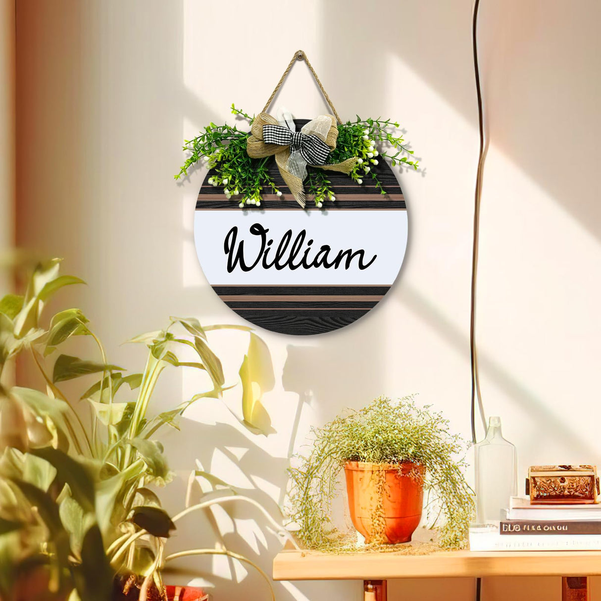 Dacawin Personalized Front Door Signs with Wreath Custom Rustic Family Name Round Wooden Sign with Bow Welcome Farmhouse Customized Hello Door Hanging Sign for Home Wall Outdoor Indoor 12x12 Inch Dacawin