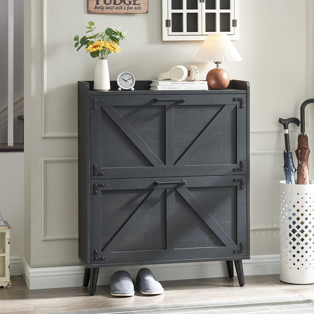 Barnyatoh Shoe Storage Cabinet with 2 Flip Drawers, Farmhouse Hidden Shoe Organizer, Narrow Slim Shoe Rack Cabinet for Entryway Hallway,Black Barnyatoh