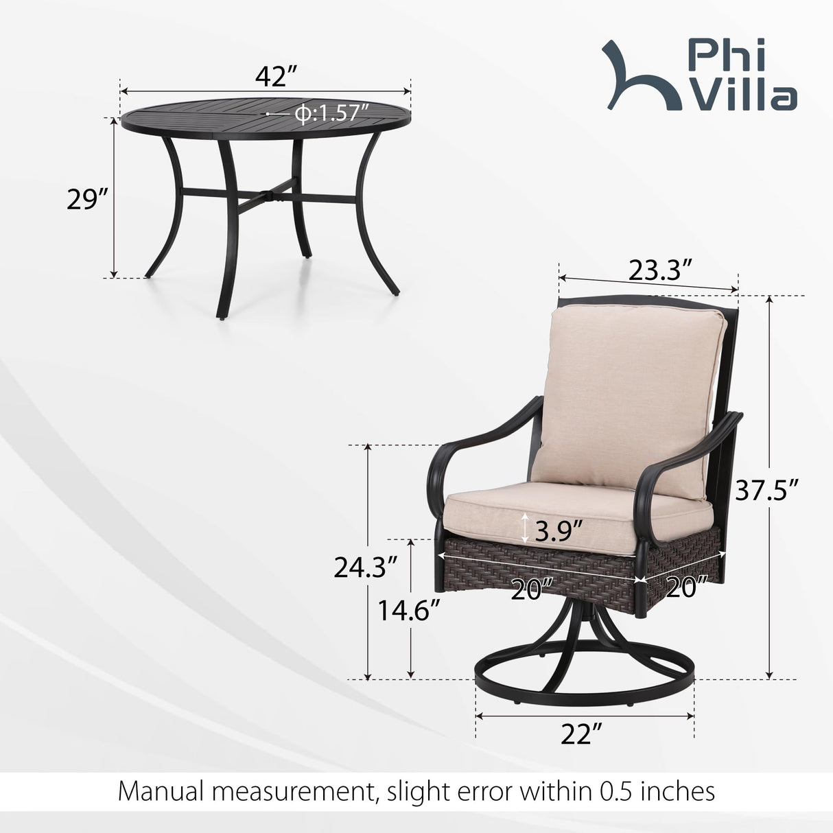 PHI VILLA 5-Piece Outdoor Dining Sets, All-Weather Patio Table and Chairs Set for 4, Heavy Duty Patio Table Set Round for Deck, 4 Extra Large Outdoor Metal Wicker Dining Chairs with Thick Cushions PHI VILLA