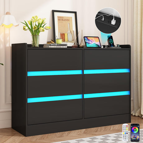 6 Drawer Dresser w/ Charging Station,60000-color LED Lights,Modern Chest of Drawers w/ Power Outlet,Wooden Storage Dresser,Handle Free Minimalist Black Dressers for Bedroom,Living Room, Entryway chartustriable