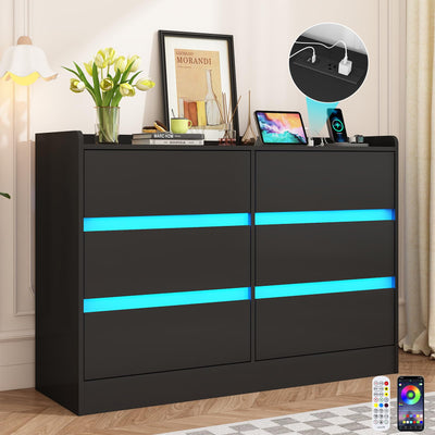 6 Drawer Dresser w/ Charging Station,60000-color LED Lights,Modern Chest of Drawers w/ Power Outlet,Wooden Storage Dresser,Handle Free Minimalist Black Dressers for Bedroom,Living Room, Entryway