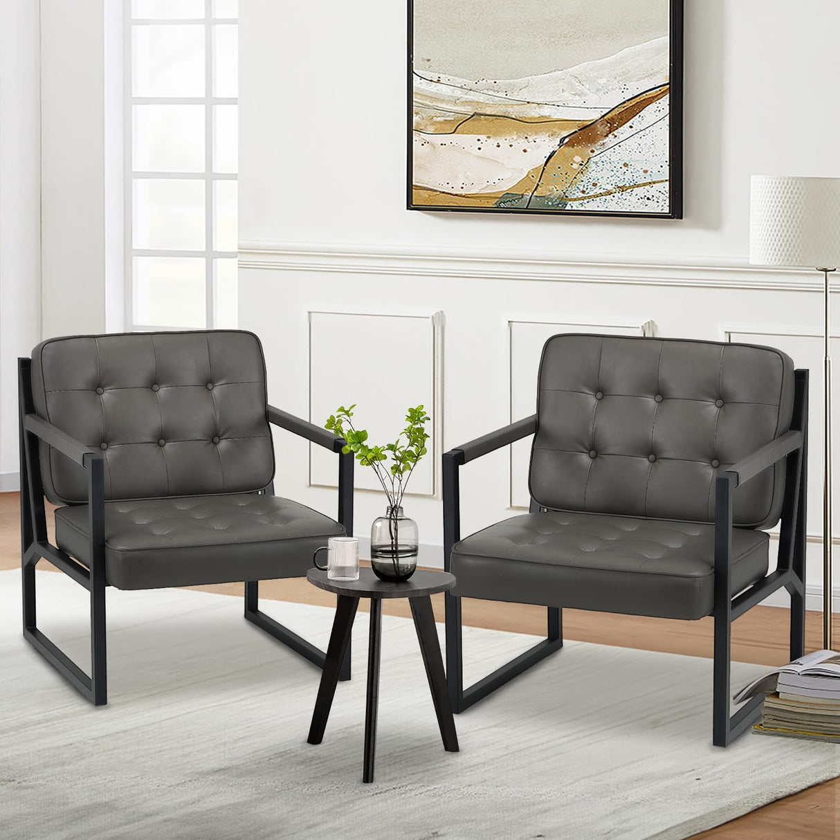 COLAMY Accent Chairs Set of 2, Modern Accent Arm Chairs for Living Room, Comfy Leather Armchairs with Metal Legs for Bedroom Reception Room, Grey COLAMY