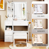 Edamon Vanity Desk with Lights and Chair, 2 AC+2 USB Power Station and Hair Dryer Bracket, Extra Large Touch Control Sliding LED Mirror, 3 Lighting Modes,Brightness Adjustable White Vanity (white, A) Edamon