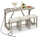 COSTWAY 4-Piece Farmhouse Bar Table Set with Power Outlet, Counter Height Dining Table Set w/ 3 Upholstered Stools, Wood Console Table Set Bistro Table Set for Kitchen, Dining Room, Living Room COSTWAY