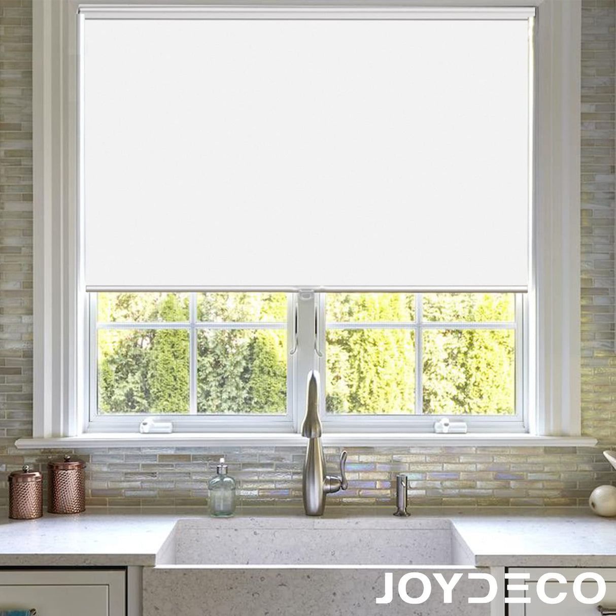Joydeco White Cordless Roller Shades, Spring Roller Blackout Window Blinds with UV Protection, Room Darkening Window Shades and Door Blinds for Home and Office (35" W x 75" H, White) Joydeco