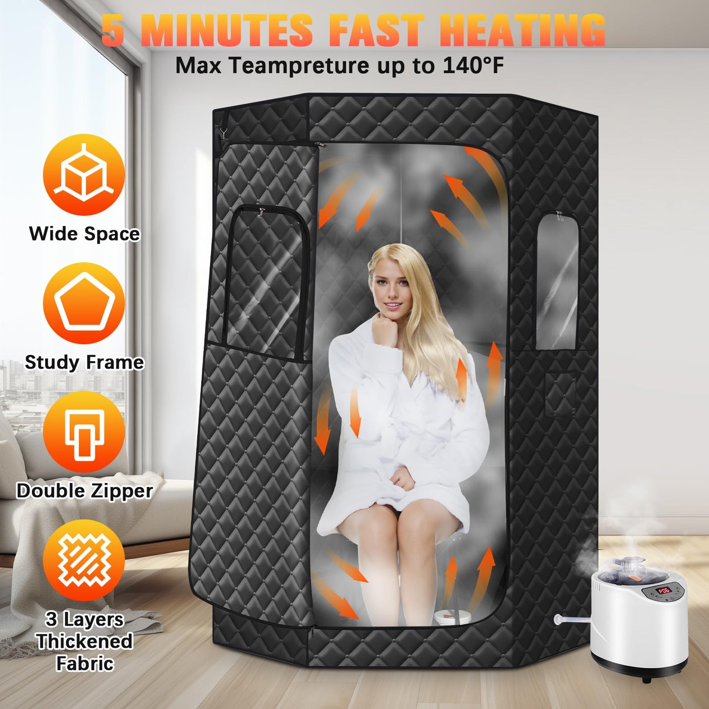 Upgraded Portable Steam Sauna for Home, Personal Sauna Box for Home, Home Sauna Tent with 1200W 3L Steam Generator, 99 Minute Timer, Folding Chair, Remote Control Included(Black)