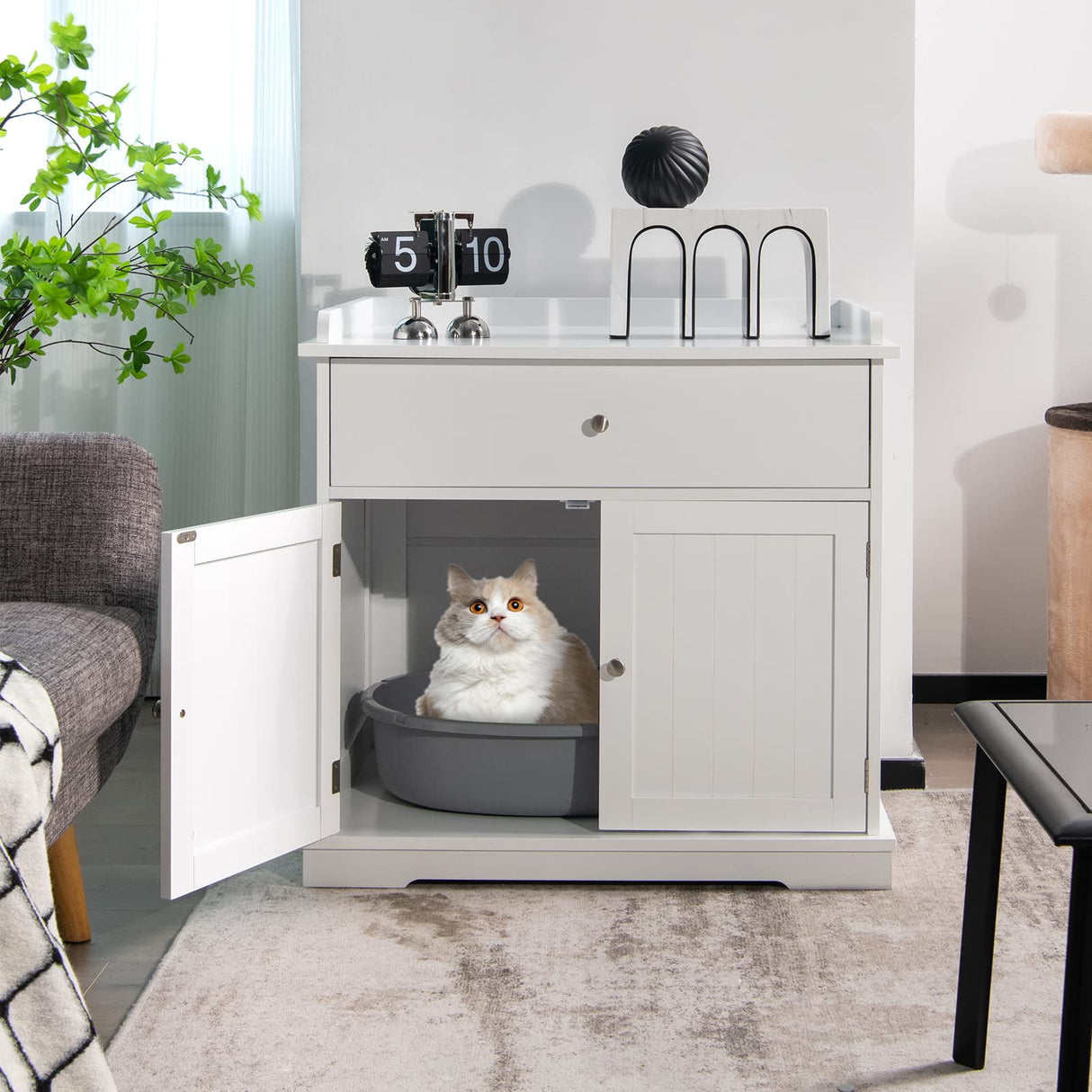 PETSITE Cat Litter Box Enclosure, Large Cat Washroom End Table with Drawer & 2 Doors, Wooden Cat House Storage Cabinet, Hidden Litter Box Furniture, White PETSITE