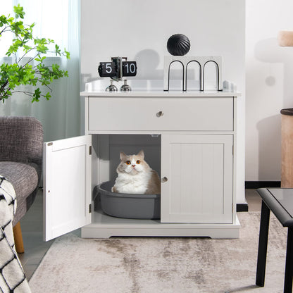 PETSITE Cat Litter Box Enclosure, Large Cat Washroom End Table with Drawer & 2 Doors, Wooden Cat House Storage Cabinet, Hidden Litter Box Furniture, White