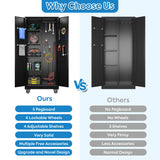 GangMei Garage Storage Cabinet with Wheels and 5 Pegboard, Broom Closet Storage Cabinet with Hanging Rod and 13 Hooks, Metal Cabinets with 4 Shelves for Garage, Home, 71"H x 31.5"W x 15.75"D, Black GangMei