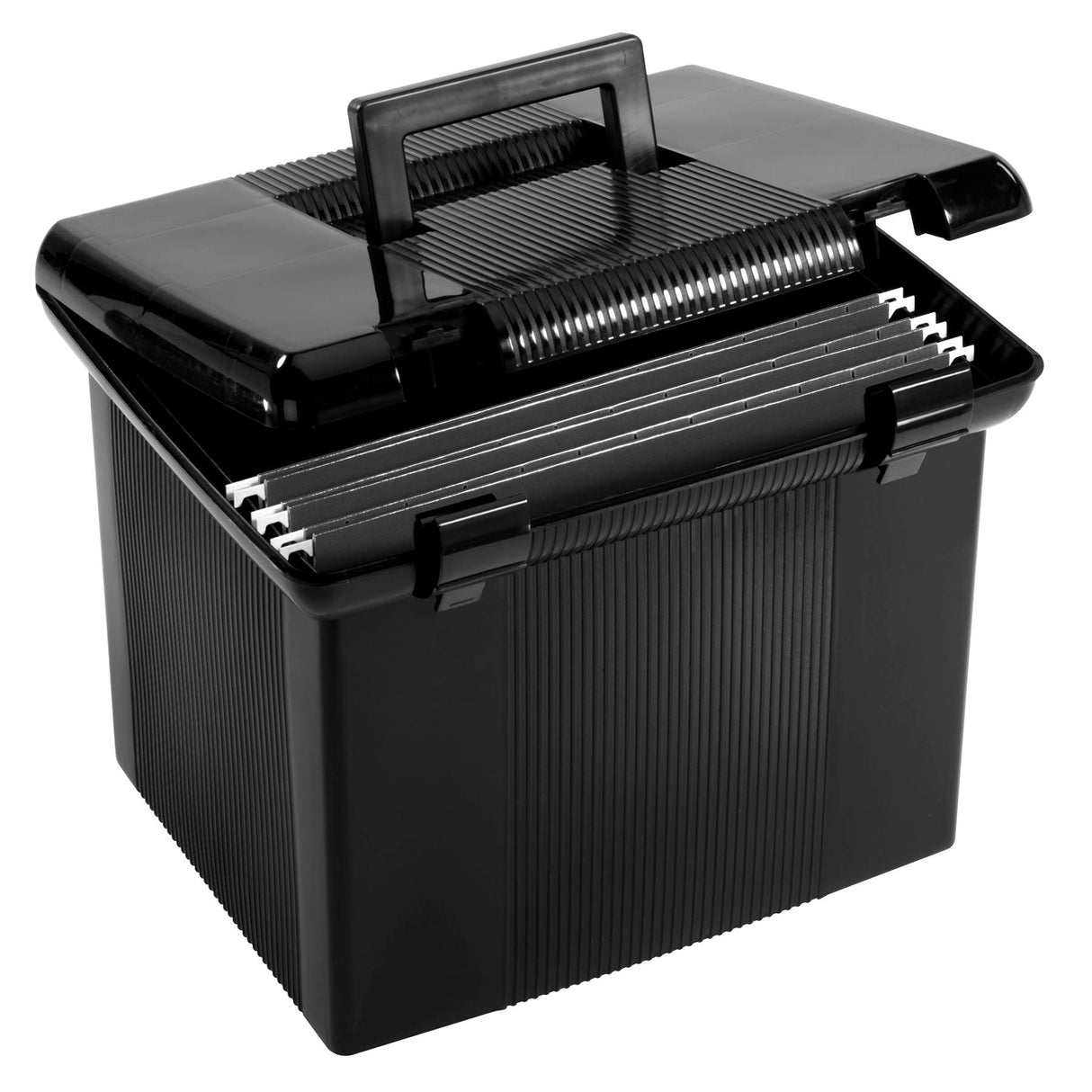 Pendaflex Portable File Box with File Rails, Simple Document Storage, File Bin for Home and Office, Hinged Lid with Double Latch Closure, Black, 3 Black Letter Size Hanging Folders Included (41742AMZ) Pendaflex