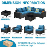 Jing's Villa 6-Piece Patio Furniture Set, All-Weather Outdoor Wicker Sectional Sofa with Cushions,Glass Table & Left and Right Armrest, Rattan Conversation Seating for Porch, Backyard,Peacock Blue Jing's Villa