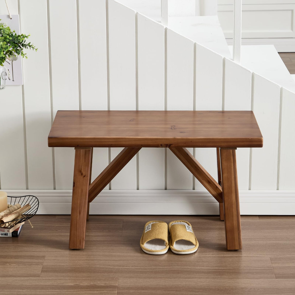 DM Furniture 30" Farmhouse Wood Bench, Solid Wood Entryway Bench Seat Rustic Wooden Entry Way Bench Indoor for Living/Dining Room, Small Hallway Bench, Porch, Handcrafted, Walnut DM Furniture