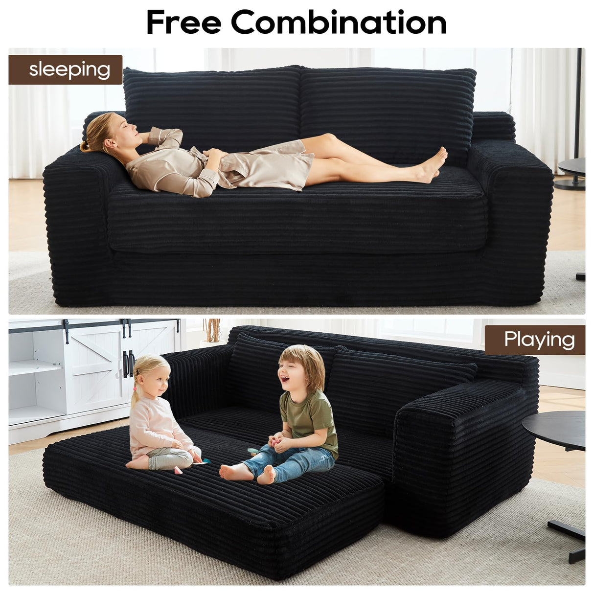 GNIXUU Corduroy Cloud Loveseat Sofa, 2 in 1 Convertible Black Boneless Sleeper Sofa with Fixed-Shape Frame, Comfy Folding Love Seat Couches for Living Room, Apartment, Small Spaces GNIXUU