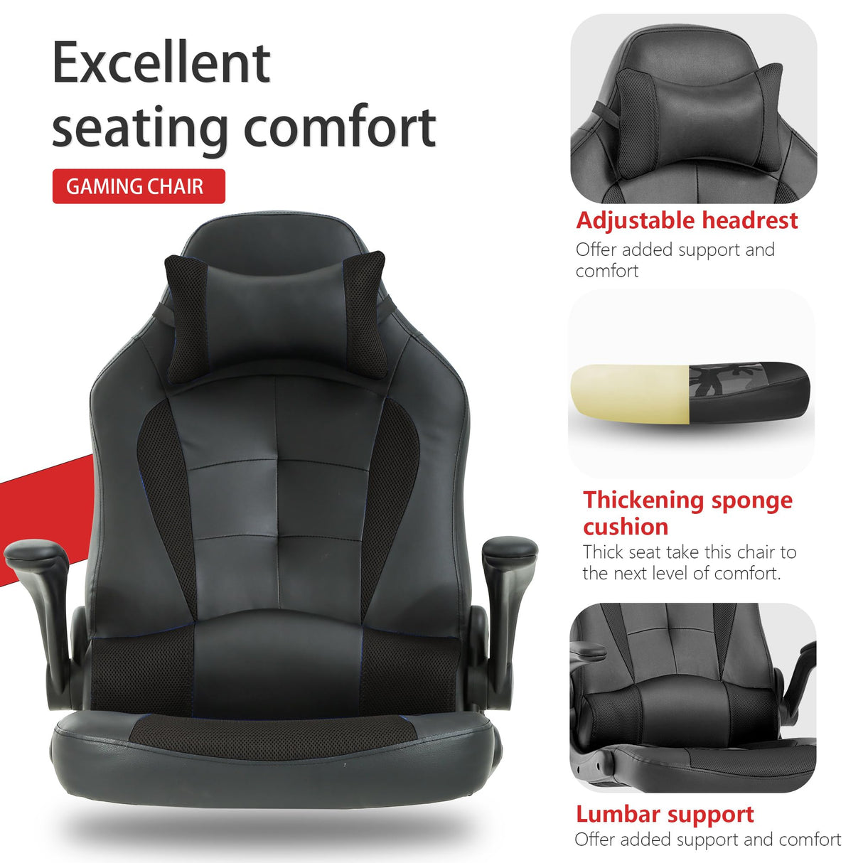 PayLessHere Gaming Chair Desk Chair Gamer Chair Ergonomic Office Chair With Lumbar Support Padded Up Arms Adjustable Headrest Pu Leather High Back Office Chair Gamer Chair For Adults Women Men (Black) PayLessHere