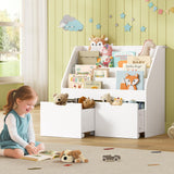 Kids Bookshelf - 4 Tier Small Bookcase for Kids Room, Toy Storage for Children with 2 Movable Drawers, Hidden Wheels, Toddler Book Display Shelves for Classrooms, Nursery, Playroom and Bedroom, White Sikaic