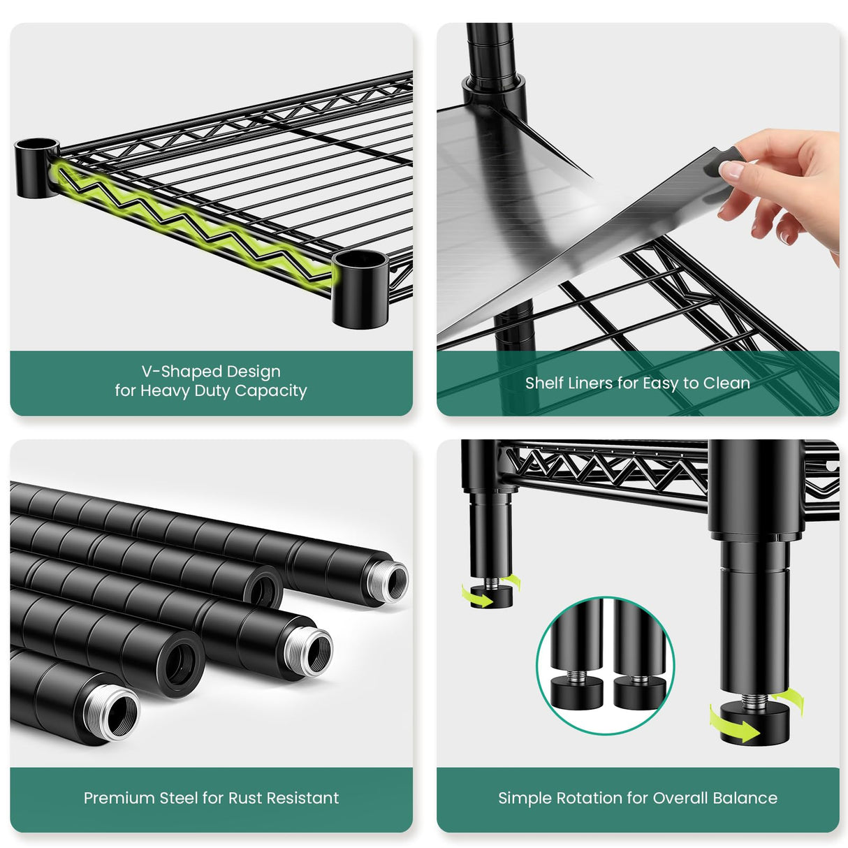 RackBro 48" W Storage Shelves 5-Tier Wire Shelving, 1875LBS Adjustable Metal Shelving with 5 Shelf Liners, Heavy Duty Steel Wire Rack for Garage Commercial Pantry Kitchen, 48" W x 18" D x 72" H, Black RackBro