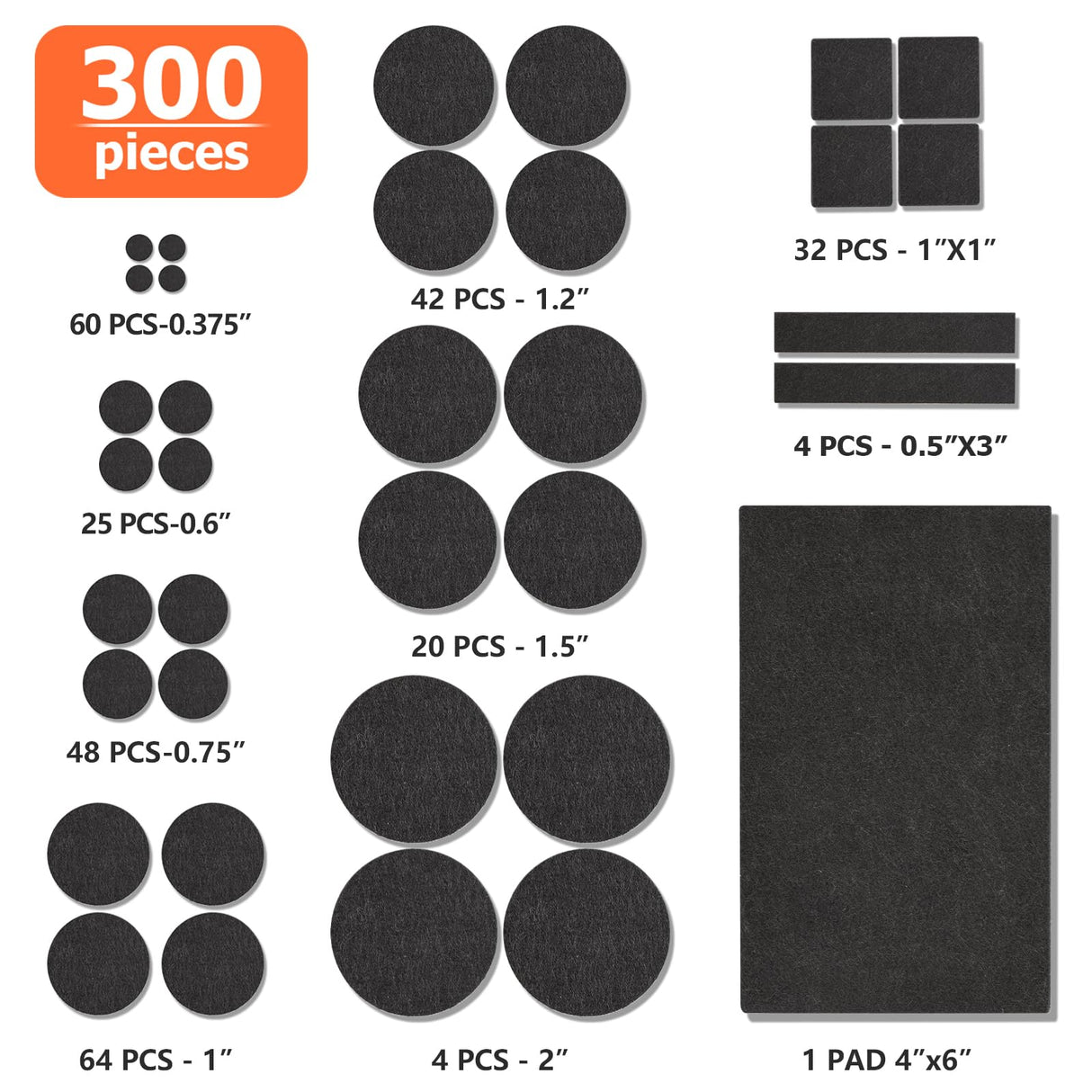 Felt Furniture Pads 300 Pieces, Furniture Pads for Hardwood Floors, Felt Pads for Chair Legs Furniture, Floor Protectors for Furniture Black FURNIMATE