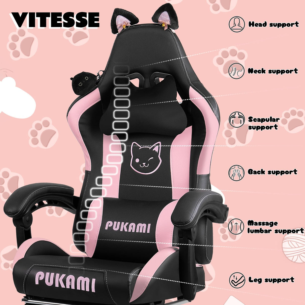 VITESSE Pink Gaming Chair for Girl with Cat Paw Lumbar Cushion and Cat Ears, Ergonomic Computer Chair for Girl with Footrest and Headrest Comfortable Reclining PC Game Chair for Adult,Kid (Black) VITESSE