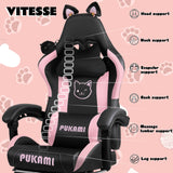 VITESSE Pink Gaming Chair for Girl with Cat Paw Lumbar Cushion and Cat Ears, Ergonomic Computer Chair for Girl with Footrest and Headrest Comfortable Reclining PC Game Chair for Adult,Kid (Black) VITESSE
