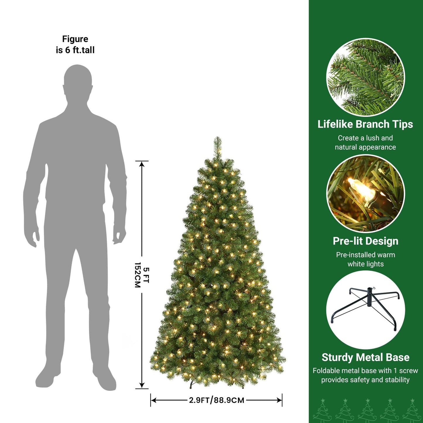 SHareconn 5ft Prelit Premium Artificial Hinged Christmas Tree with Pre-lit 150 Warm White Lights, 525 Branch Tips and Foldable Stand, Perfect Choice for Xmas Decoration, 5 FT, Green