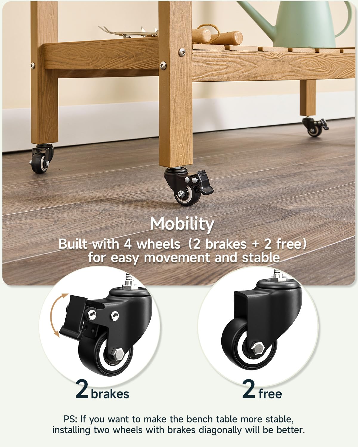 HDPS Outdoor Potting Bench with Sliding Tabletop/ 4 Wheels/Removable Sink, All-Weather Outside Garden Work Table, No Rust/Fade/Break, Potting Station for Porch, Patio & Backyard (Teak) ONBRILL