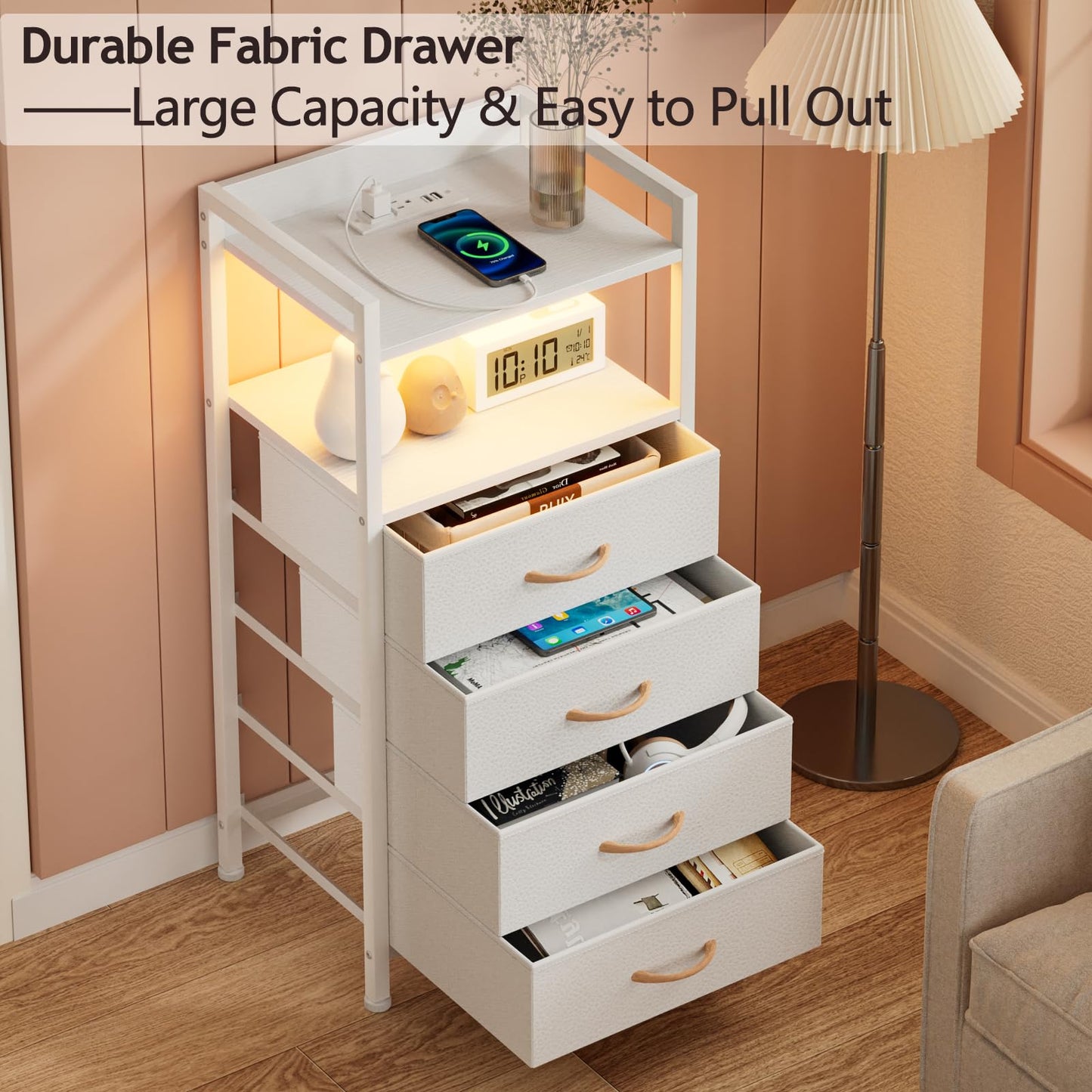 Furnulem White LED Nightstand with 4 Drawers, Charging Station, and Sturdy Metal Frame - WoodArtSupply