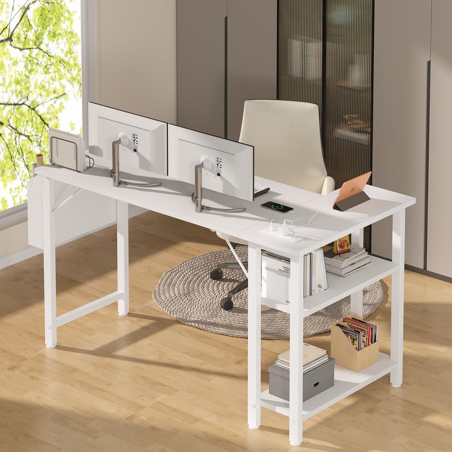 Lufeiya White L Shaped Computer Desk with Power Outlet Shelves, 47 Inch Corner Desk for Home Office Bedroom, L-Shaped Study Writing Working PC Desks, White