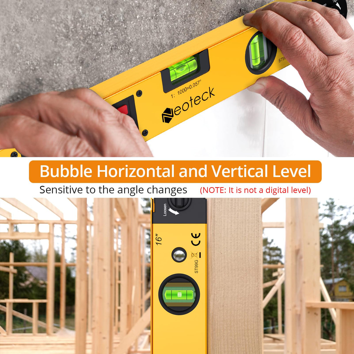 Neoteck 225° 16 inch Digital Angle Finder Aluminum Protractor with LCD Backlight Digital Angle Measuring Tool with Horizontal and Vertical Bubble for Woodworking, Construction, Machinery - Golden Neoteck