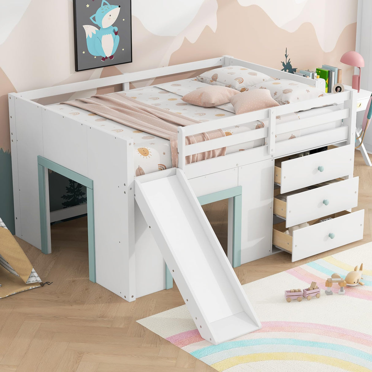 Bellemave Full Size Low loft Bed for Kids,Wood Modern Farmhouse Full Loft Bed with Slide and Drawer Storage, No Box Spring Needed, White Bellemave