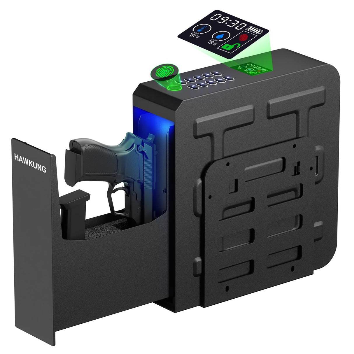 Gun Safe, Slider Biometric Gun Safe for Handgun Mounted Single Bedside Pistol Case with 3 Ways Quick Access Gun Lock Box for Nightstand, Bed, Desk, Wall, Dresser HAWKUNG