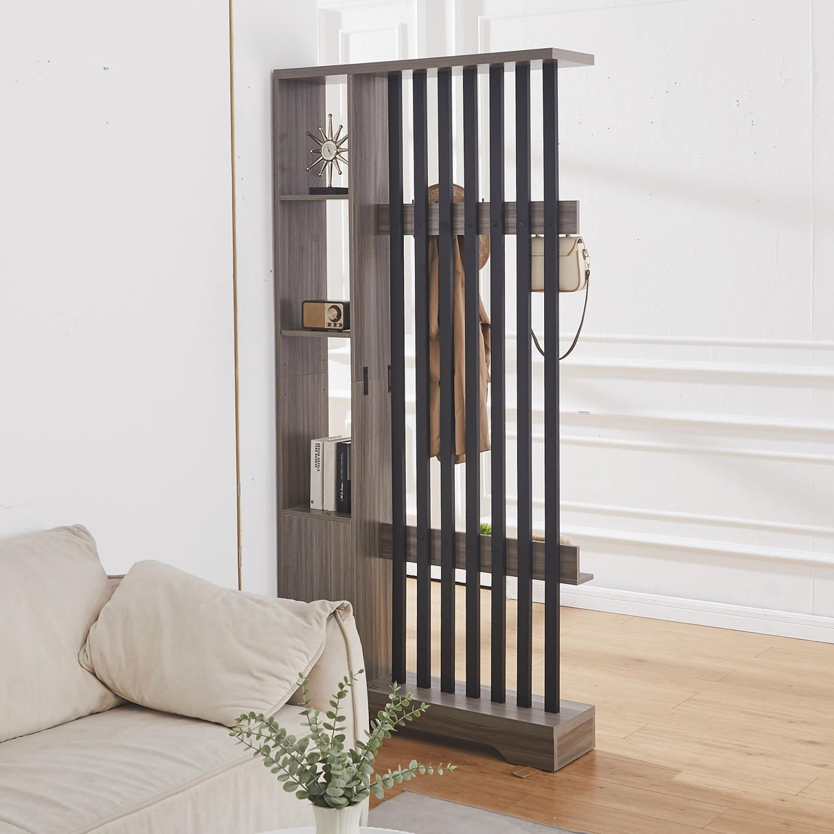 Room Divider with Shelves, Wall Room Divider Bookshelf, Freestanding Wood Privacy Screen with Storage Cabinet, Coat Rack, Display Shelf for Living Room Separation, Home Office Decorative SAHISTCT