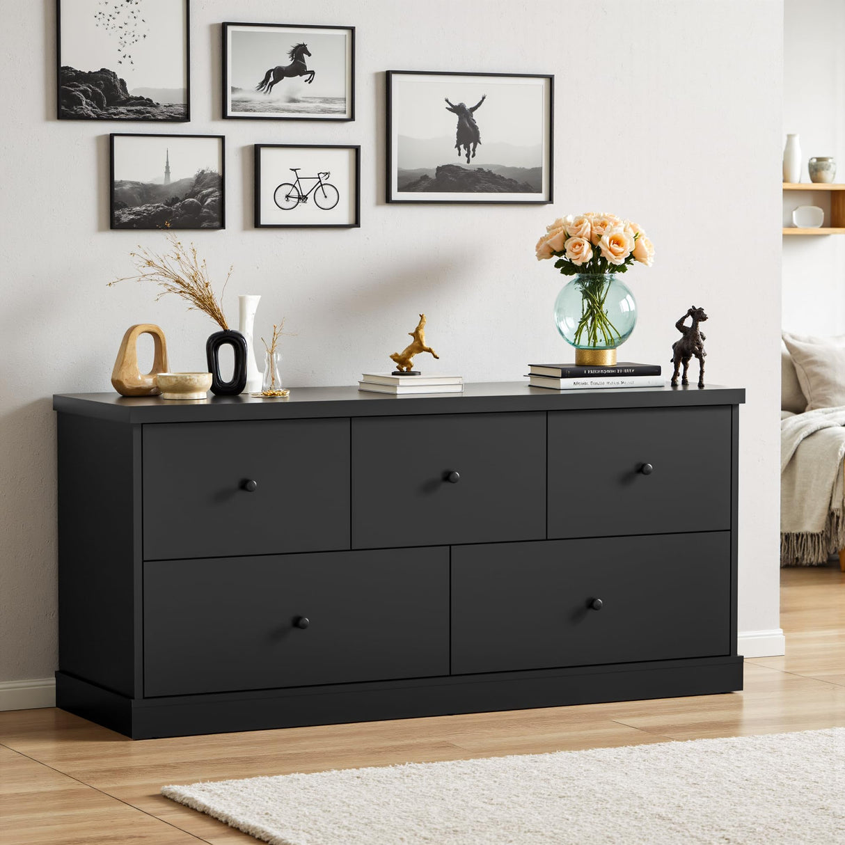 JUMMICO Dresser for Bedroom, Wide Chest of Drawers with 5 Wood Dresser Drawers, TV Stand, Modern Design for Bedroom, Living Room, Hallway, and Entryway (Black) JUMMICO