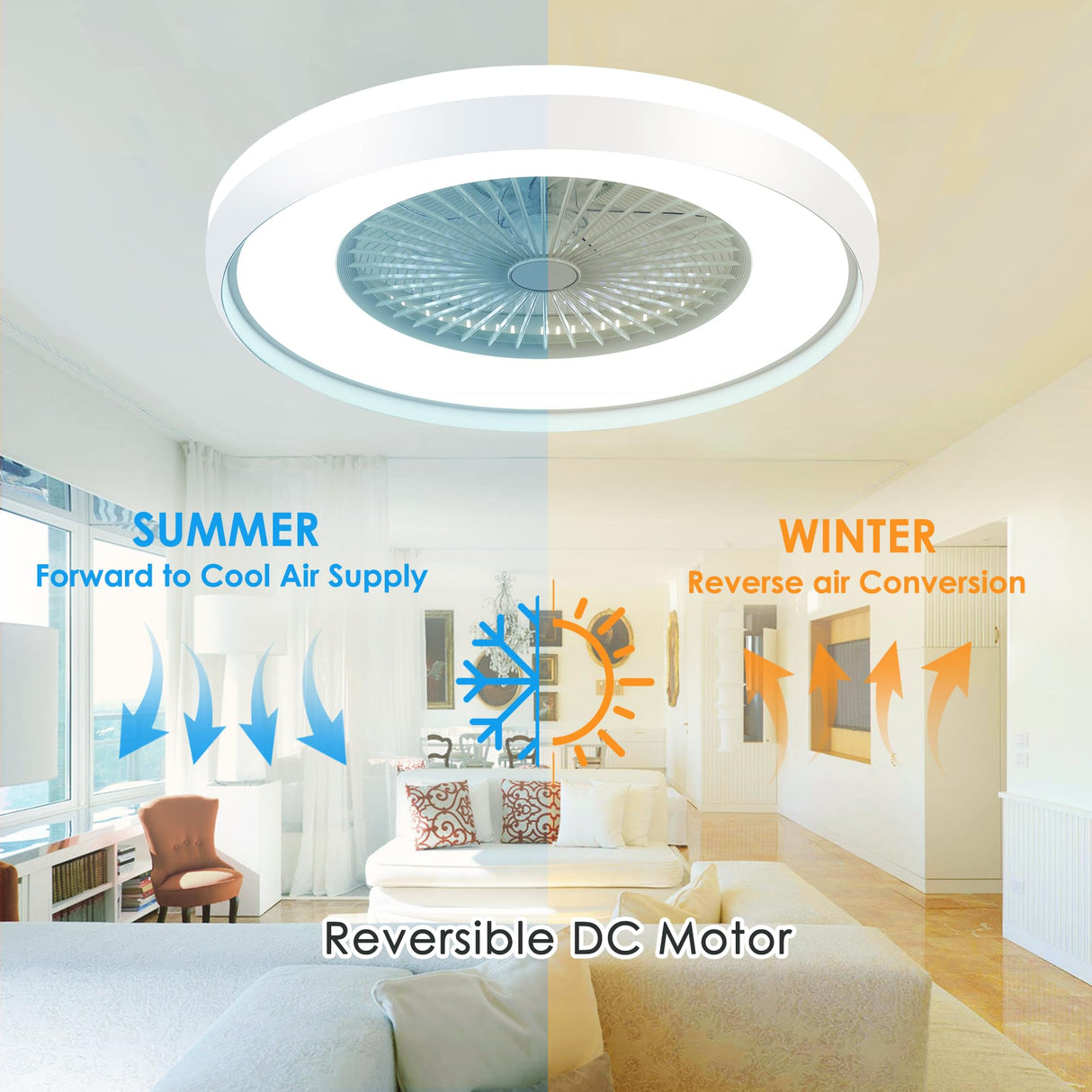 HUMHOLD 24" Bladeless Ceiling Fan with RGB Light Remote, Smart LED Ceiling Fans with Voice/App Control, Modern Low Profile Dimmable Light Ceiling Fan for Bedroom Living Room HUMHOLD