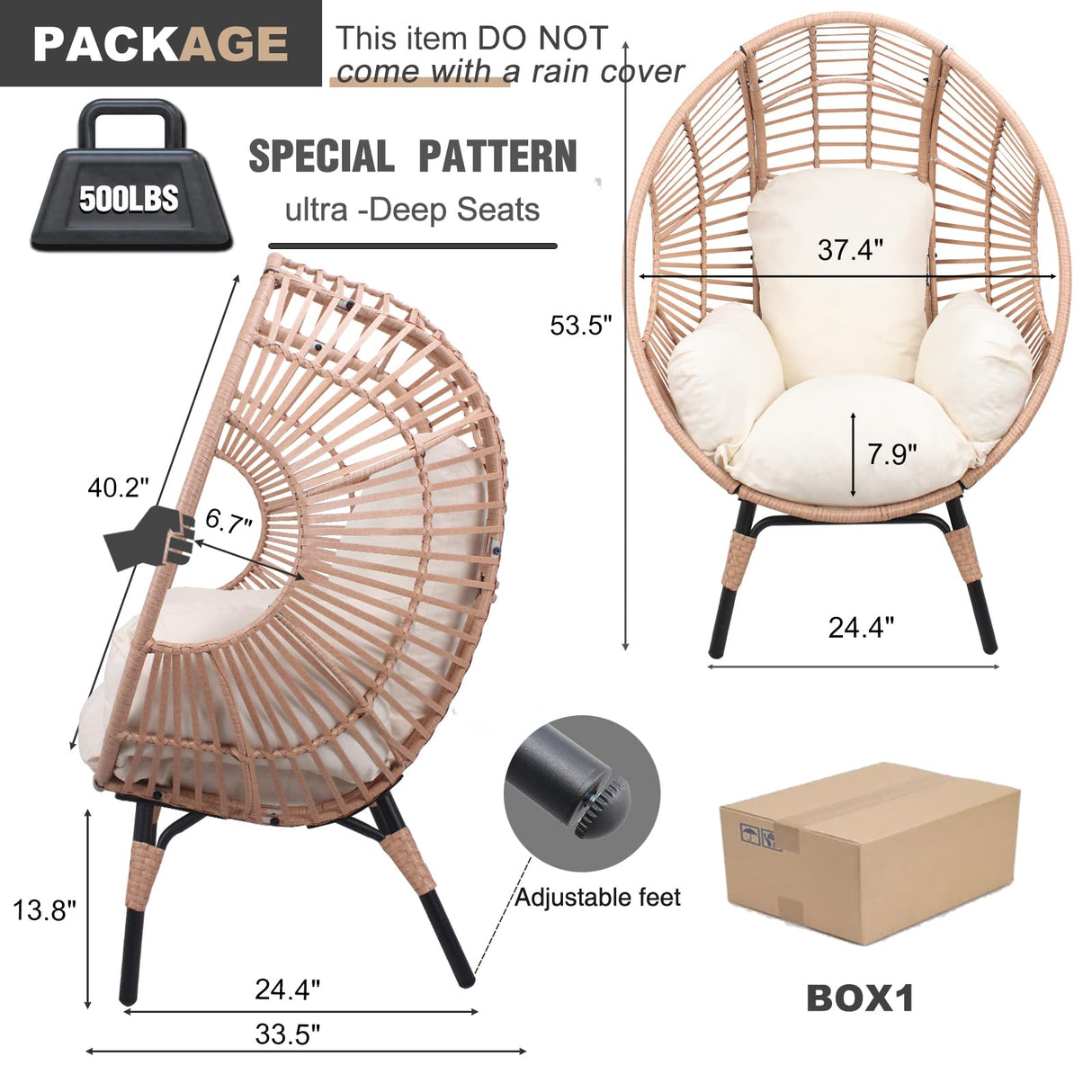 CHINNLUU Outdoor Egg Chair Wicker Oversized Egg Basket Chair with Stand Lounger Chairs with Cushion 500lbs Capacity for Patio Garden Backyard Balcony CHINNLUU