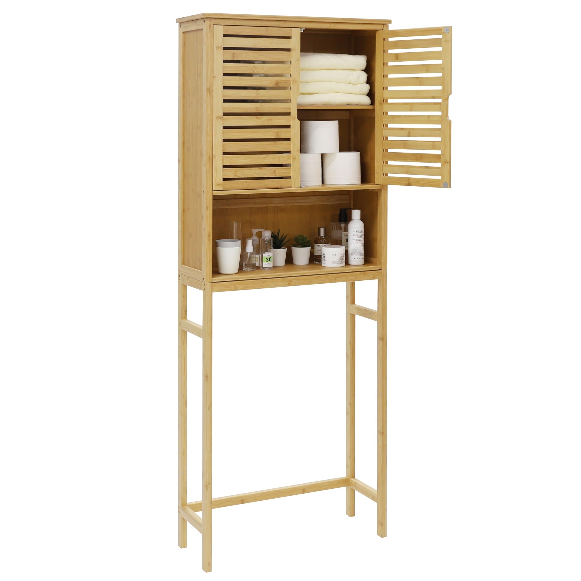 VEIKOU Natural Bamboo Over The Toilet Storage Cabinet with Removable Shelves - WoodArtSupply