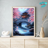 KEYIFA Diamond Art Kits for Adults, 5D DIY Diamond Painting Bridge, Round Full Drill, Cherry Blossoms Diamonds Dots Mosaic Painting, Crystal Gem Arts Craft for Home Wall Decor 12x16 in KEYIFA