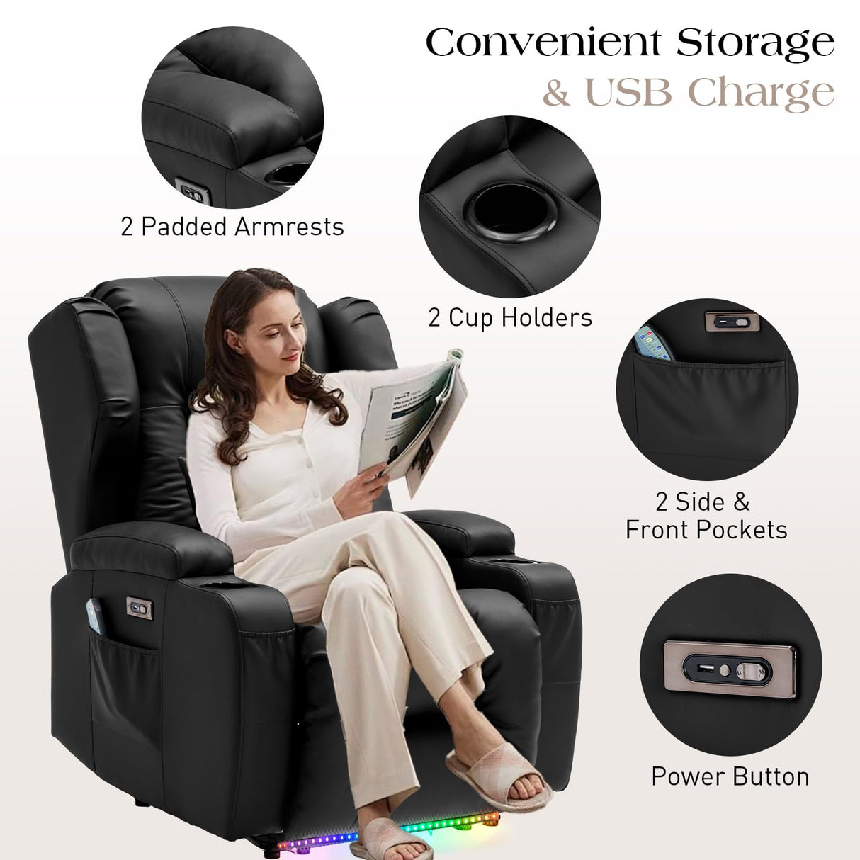Power Recliner Chairs for Adults with Massage and Heat,Single Faux Leather Recliner Chair Sofa Reclinable Home Theater Seating with LED Lights,Cup Holders,Reclining Chair for Living Room (Black) Generic