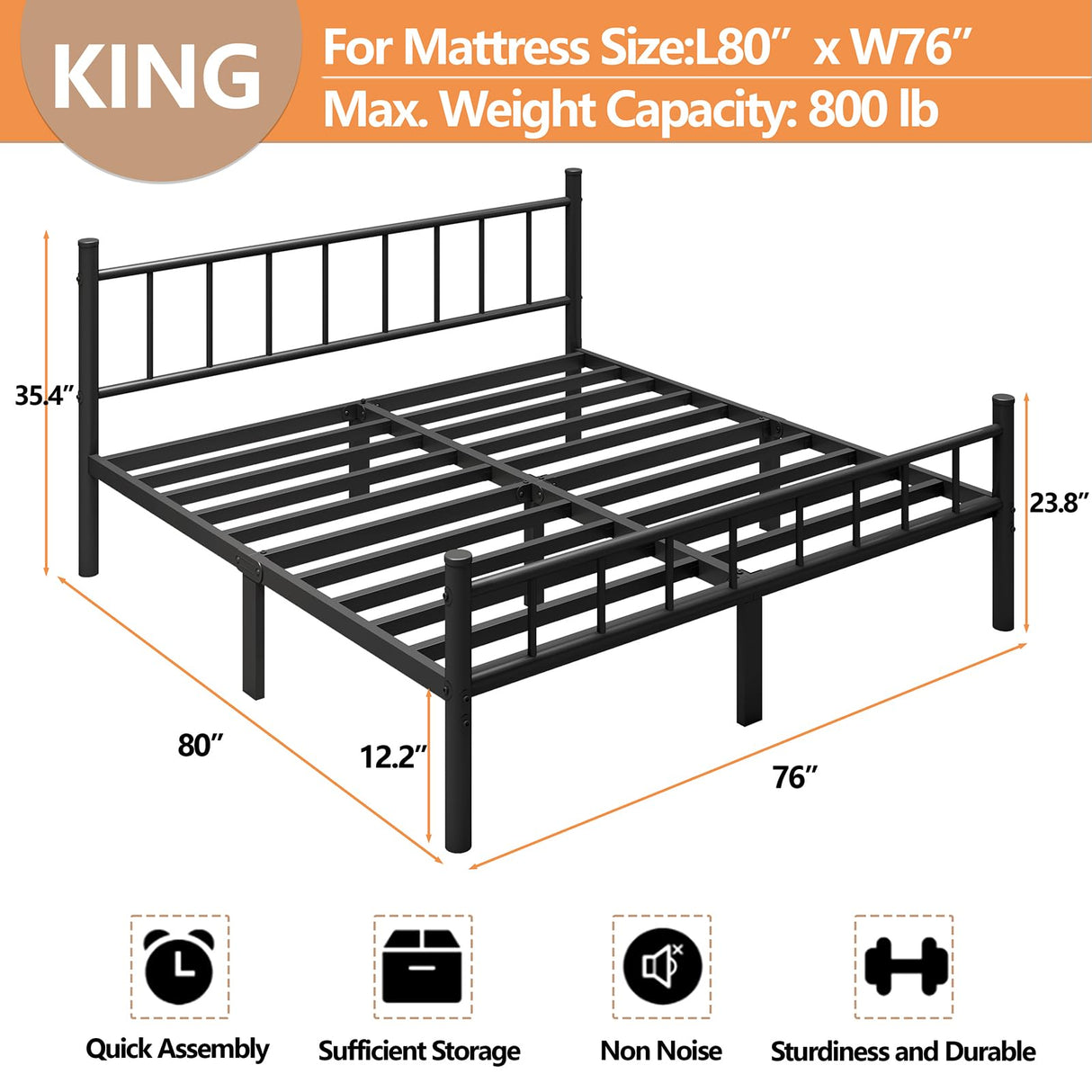 zizin King Size Metal Bed Frame with Headboard & Footboard 14 Inch Metal Platform Mattress Foundation Support with Steel Slat, Under Bed Storage, No Box Spring Needed zizin