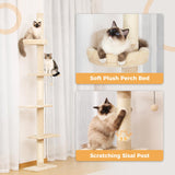 PETEPELA Floor to Ceiling Cat Tree, Cat Tower 5-Tier Height(95-107 Inches) Adjustable, Tall Cat Climbing Tree Featuring with Scratching Post, Cozy Bed,Interactive Ball Toy for Indoor Cats/Kitten Beige PETEPELA