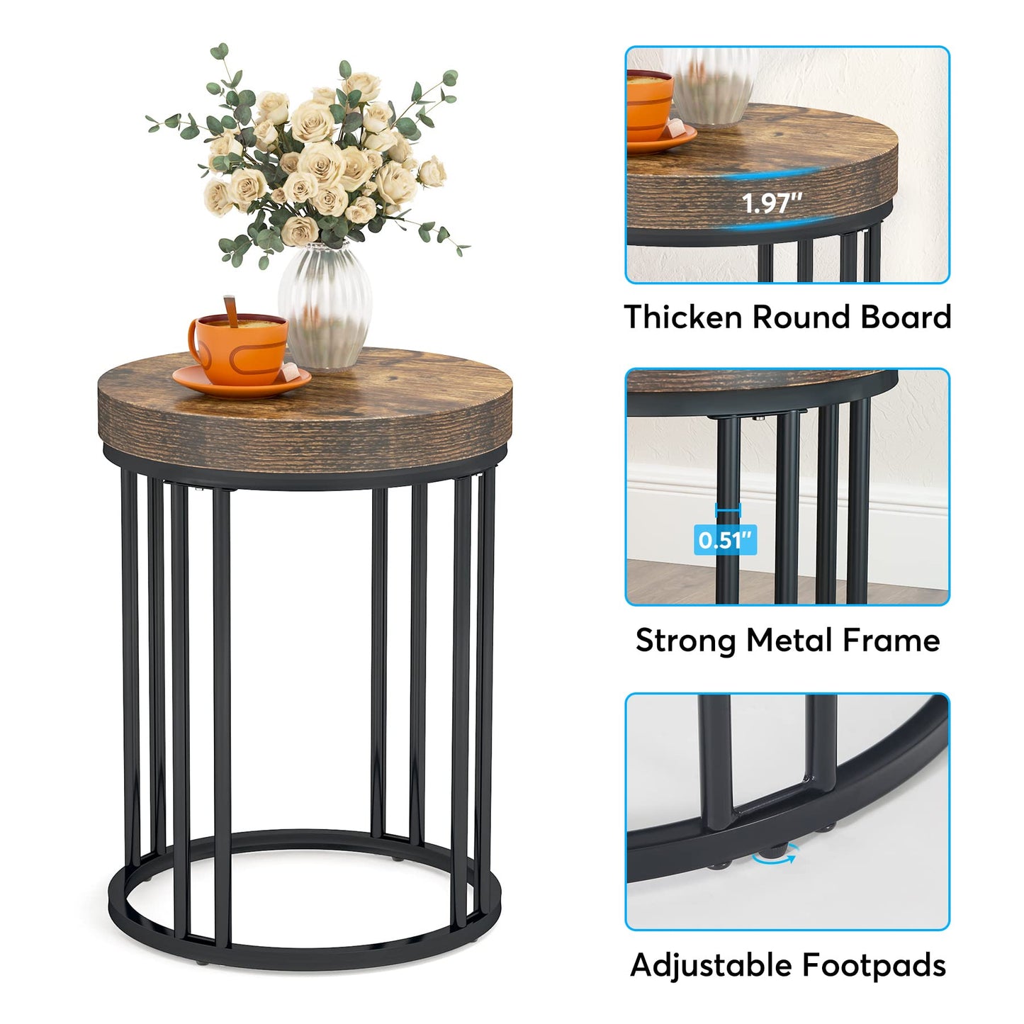 Tribesigns Round End Table, Modern Side Small Accent Nightstand with Metal Frame, Wooden Circle Bedside for Living Room Sofa Couch, Bedroom, Easy Assembly, Space Saving, Rustic Brown & Black - WoodArtSupply